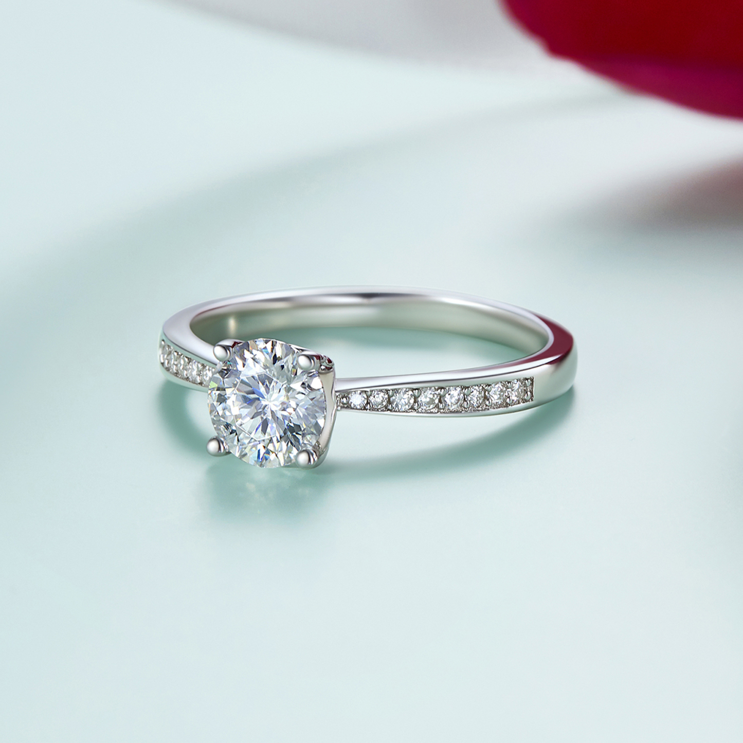 1 Carat Channel Set Round Halo Moissanite Engagement Rings (D Color VVS1)