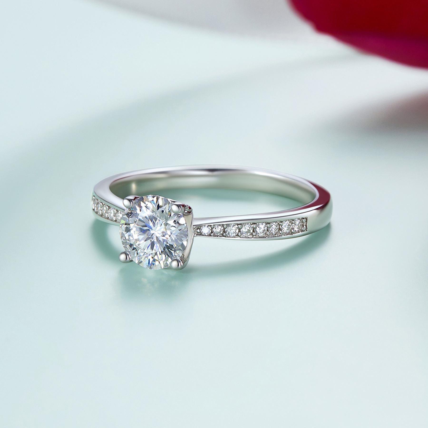1 Carat Channel Set Round Halo Moissanite Engagement Rings (D Color VVS1)