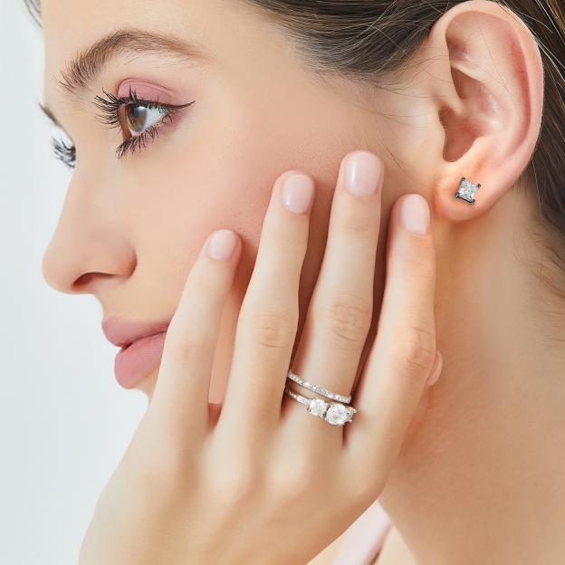 Three-Stone Channel Set Moissanite Engagement Ring with Side Heart in White Gold for Women-05