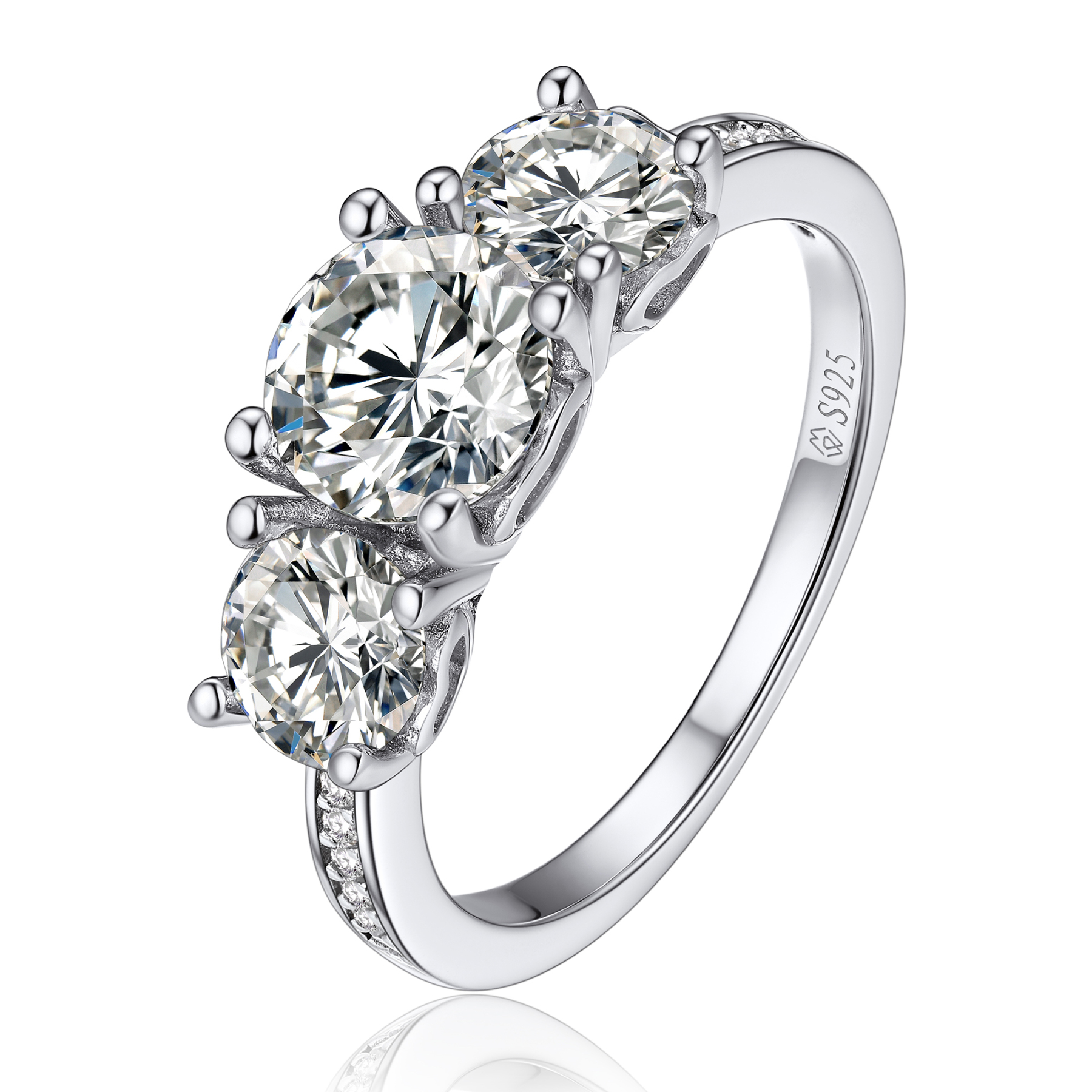 Three-Stone Round and Pavé Set Moissanite Engagement Ring (D Color VVS1)