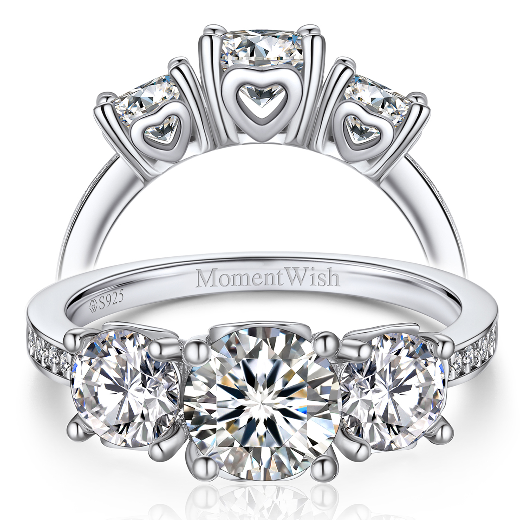 Three-Stone Round and Pavé Set Moissanite Engagement Ring (D Color VVS1)