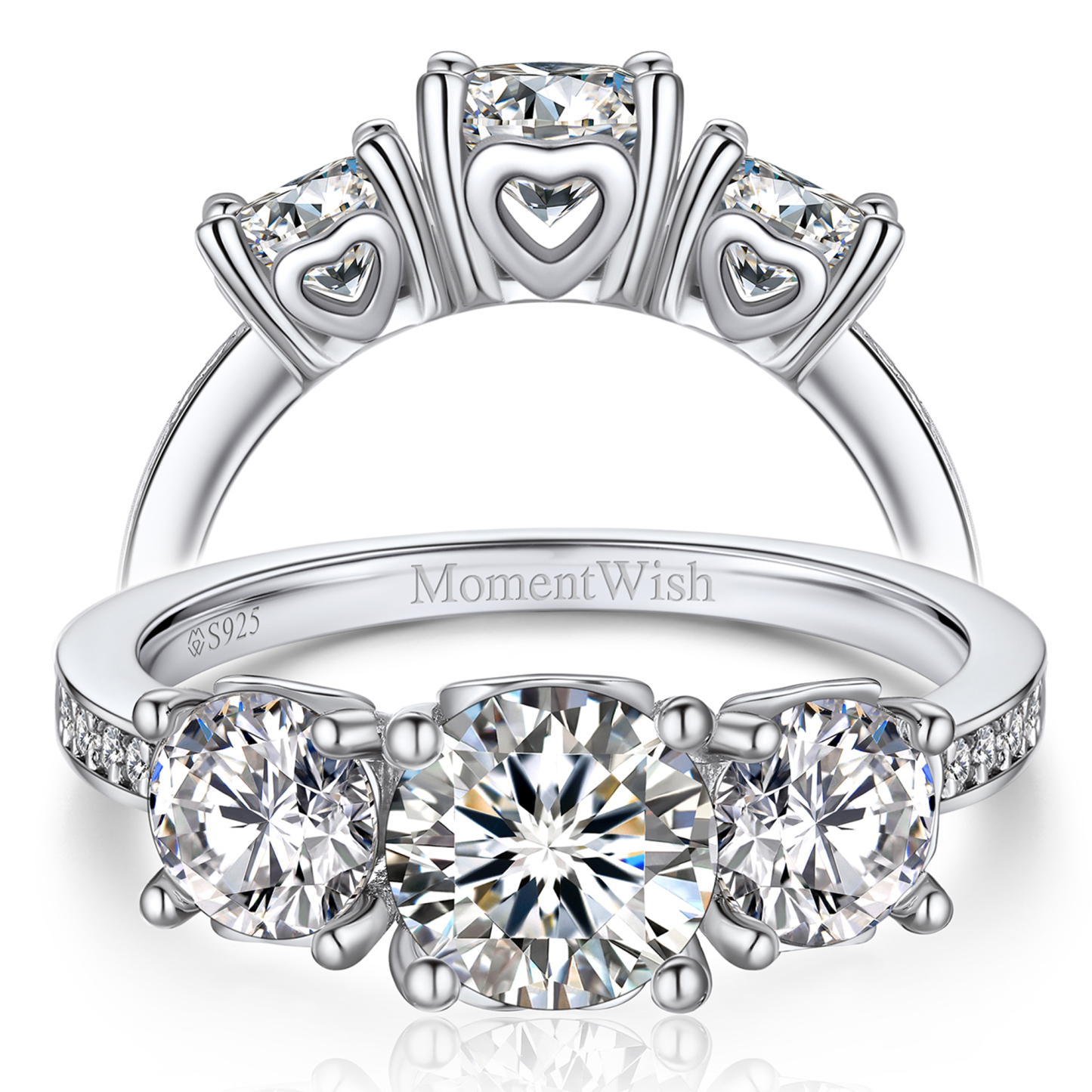 Three-Stone Round and Pavé Set Moissanite Engagement Ring (D Color VVS1)