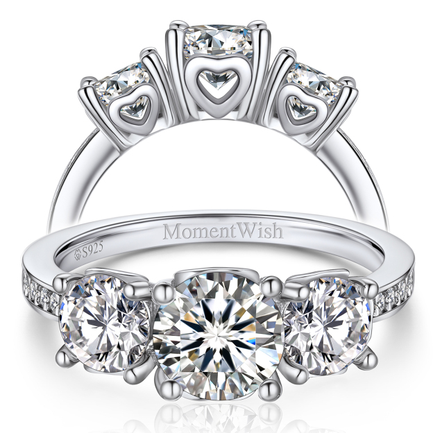 Three-Stone Channel Set Moissanite Engagement Ring with Side Heart in White Gold-04