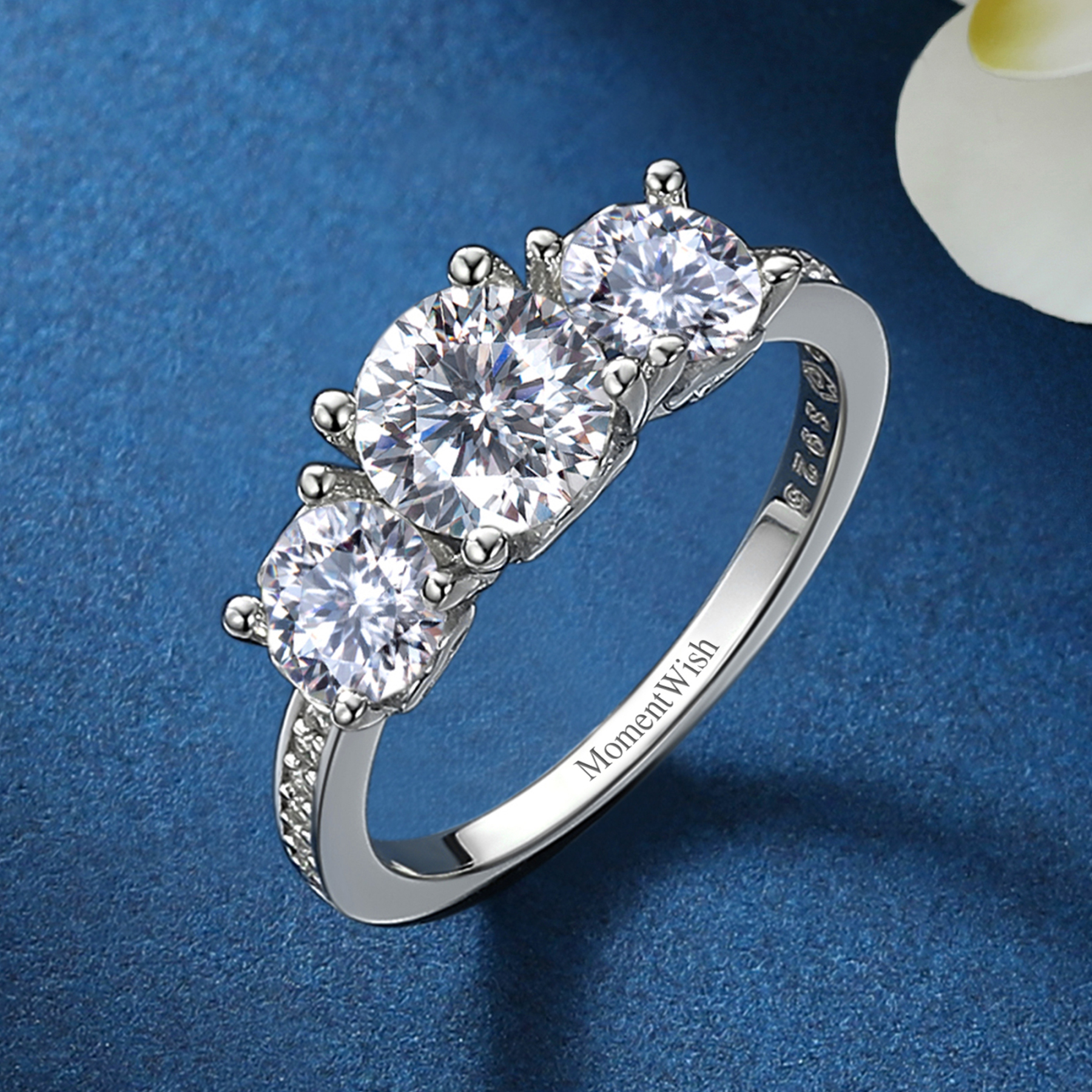Three-Stone Round and Pavé Set Moissanite Engagement Ring (D Color VVS1)