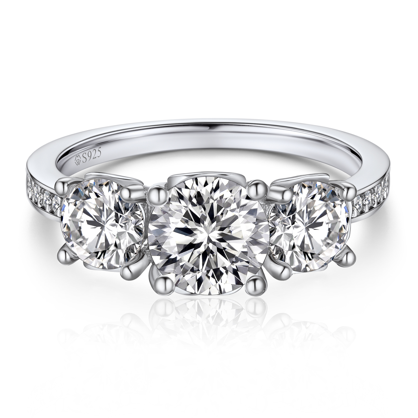 Three-Stone Round and Pavé Set Moissanite Engagement Ring (D Color VVS1)