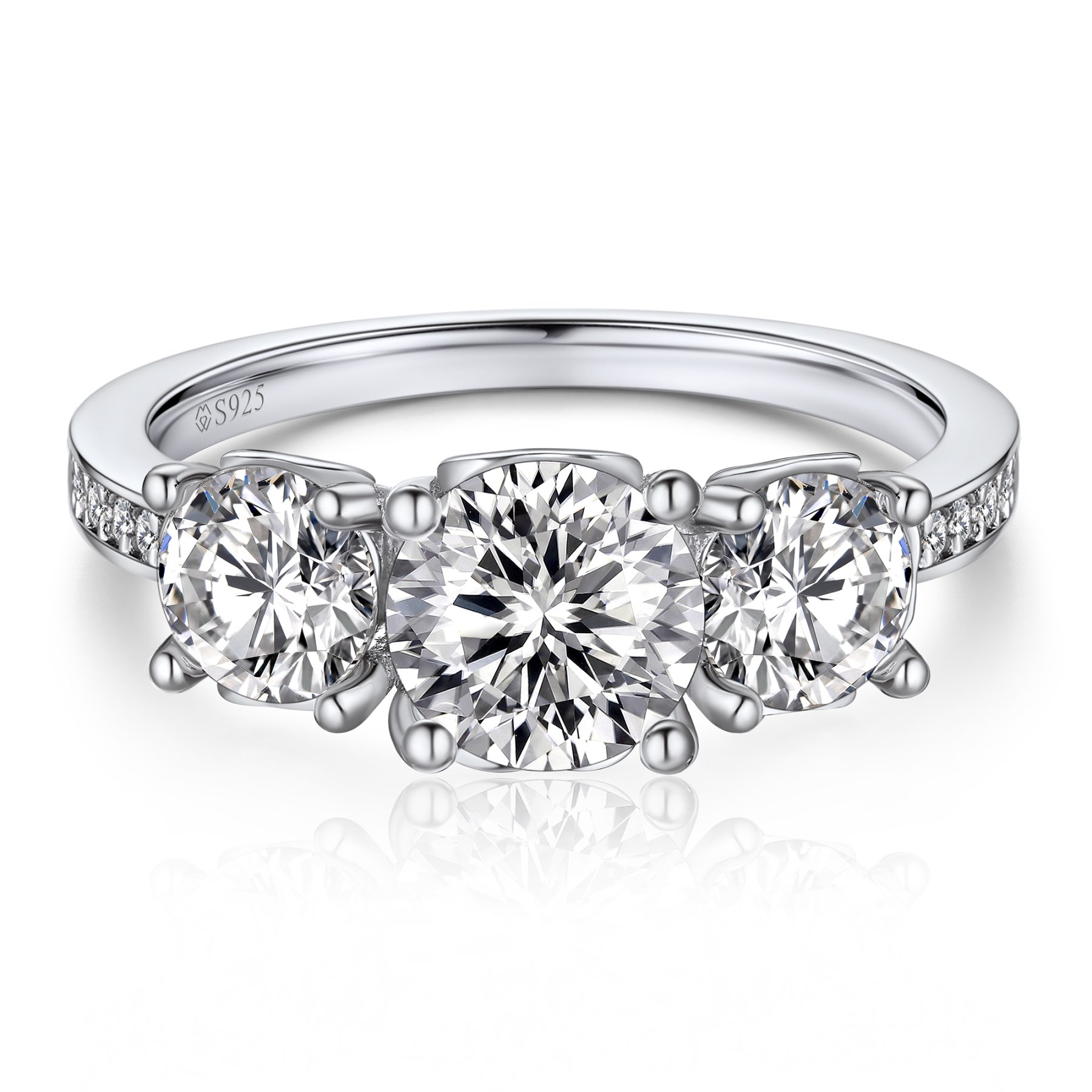 Three-Stone Round and Pavé Set Moissanite Engagement Ring (D Color VVS1)