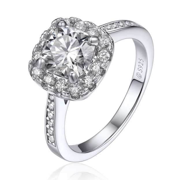 Halo Cushion Cut Channel Set Moissanite Engagement Ring in White Gold-02