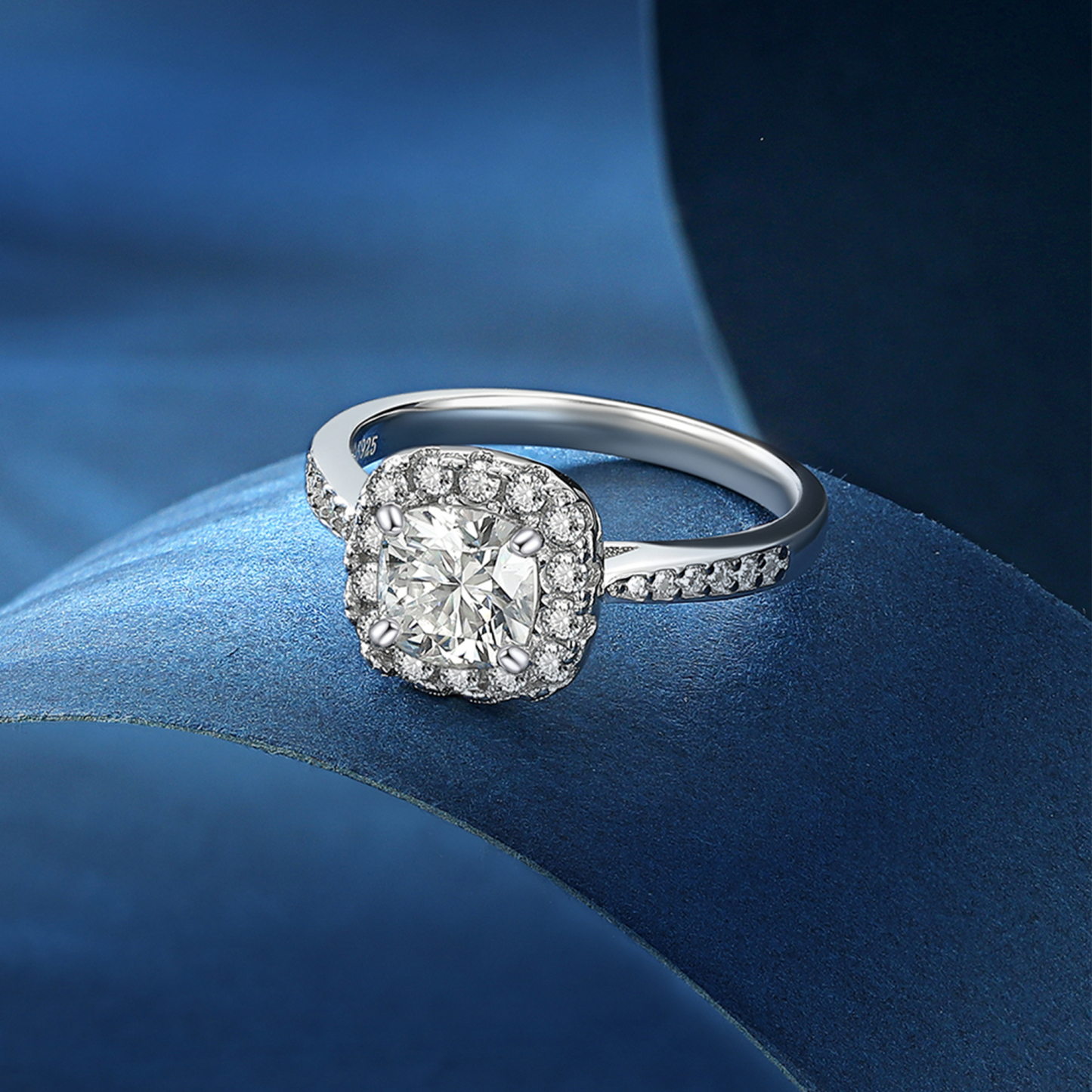 Halo Cushion Cut Moissanite Engagement Rings in White Gold (1 Ct. VVS1)