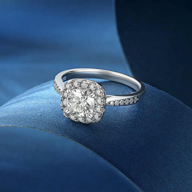 Halo Cushion Cut Channel Set Moissanite Engagement Ring in White Gold, Sterling Silver-01