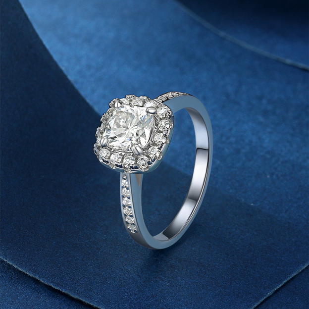 Halo Cushion Cut Channel Set Moissanite Engagement Ring in White Gold, Sterling Silver-02