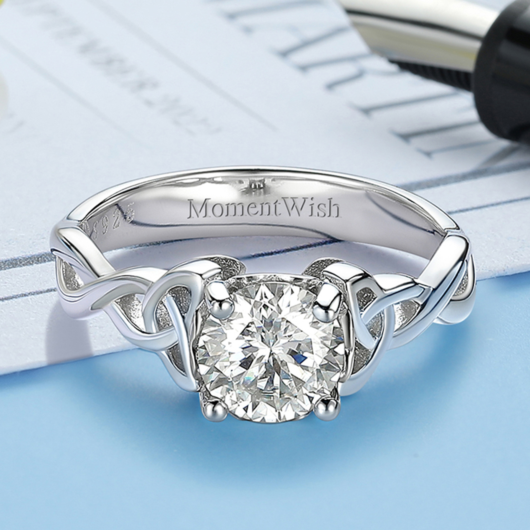 1 Carat Four Prong Solitaire Moissanite Celtic Knot Engagement Ring (D Color VVS1)