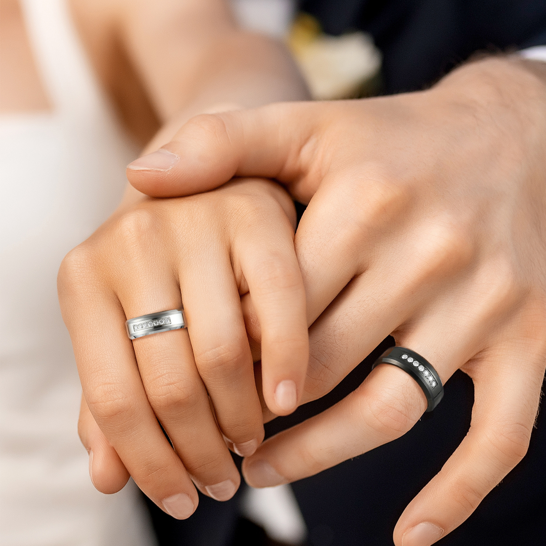 Channel Set Silver Tungsten Wedding Rings