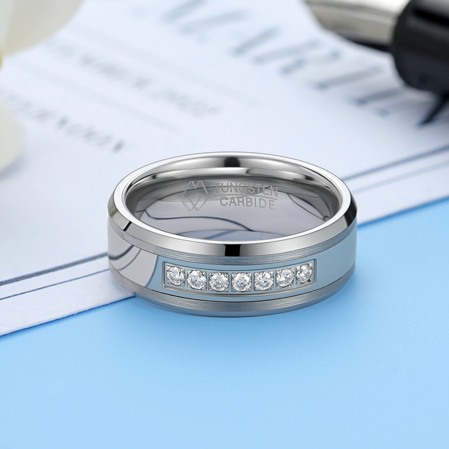 Channel Set Silver Tungsten Wedding Rings