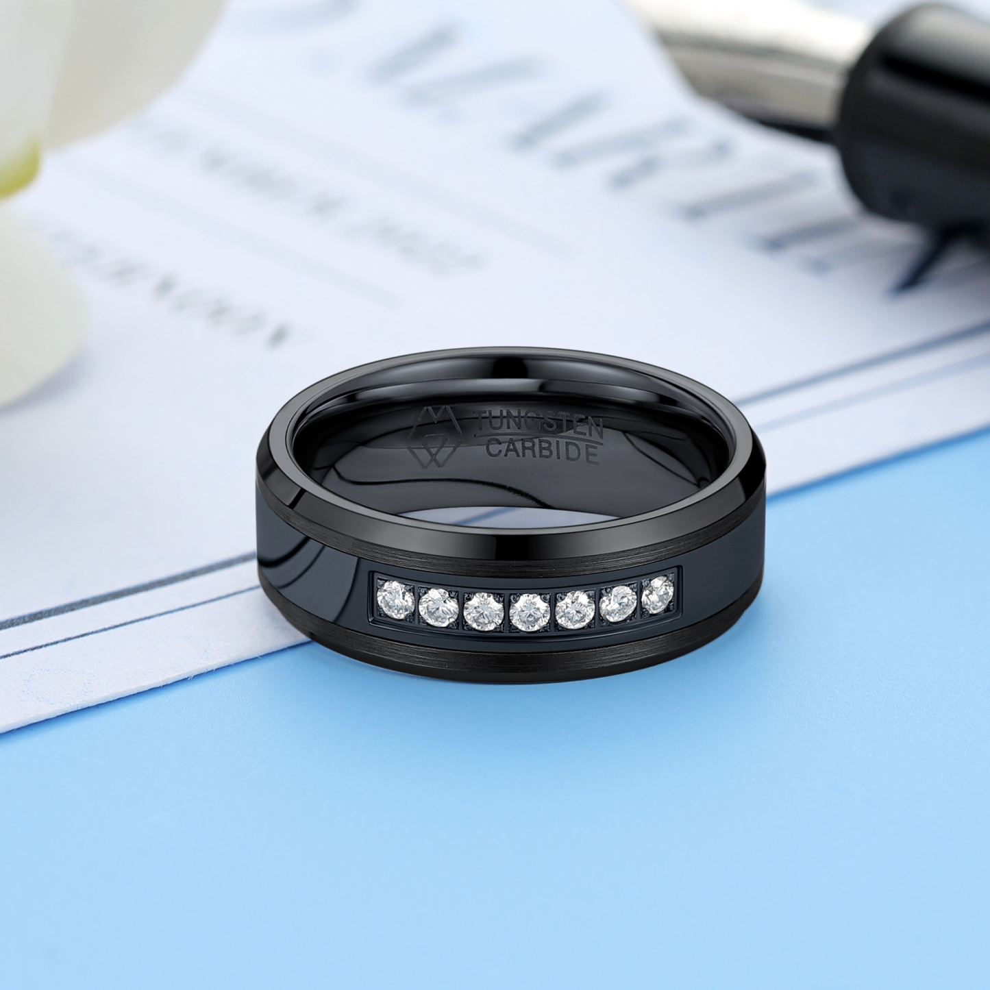 Channel Set 8mm Eternity Wedding Rings in Black Tungsten (D Color VVS1)