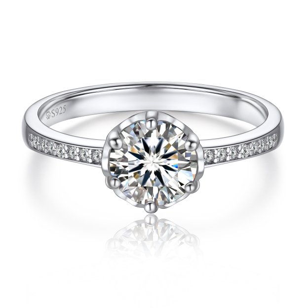 Six-Prong Round Cut Channel Set Moissanite Engagement Ring with Side Heart in White Gold