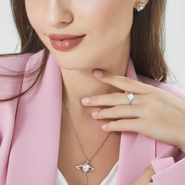 Six-Prong Round Cut Channel Set Moissanite Engagement Ring with Side Heart in White Gold for Women-04