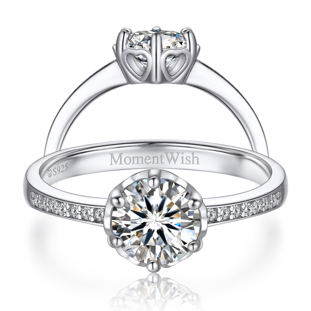 Six-Prong Round Cut Channel Set Moissanite Engagement Ring with Side Heart in White Gold-04