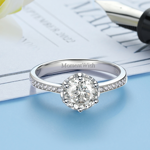 Six-Prong Round Cut Channel Set Moissanite Engagement Ring with Side Heart in White Gold, Sterling Silver-01