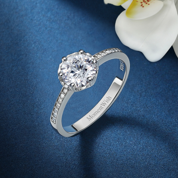 Six-Prong Round Cut Channel Set Moissanite Engagement Ring with Side Heart in White Gold, Sterling Silver-02