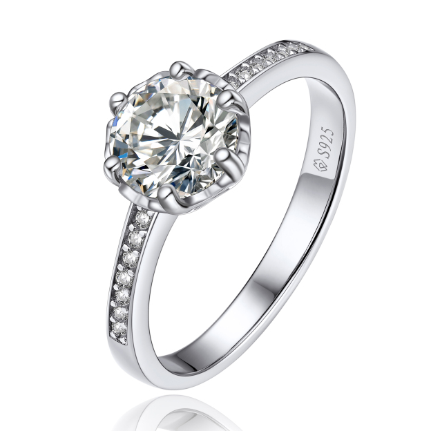 Six-Prong Round Cut Channel Set Moissanite Engagement Ring with Side Heart in White Gold-02