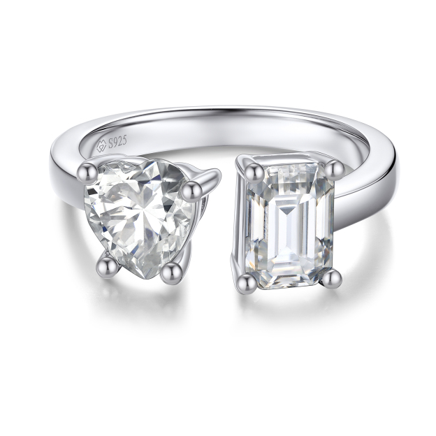 (测试) 925 Sterling Silver Adjustable Toi Et Moi Heart & Emerald Moissanite Engagement Ring (D Color VVS1)