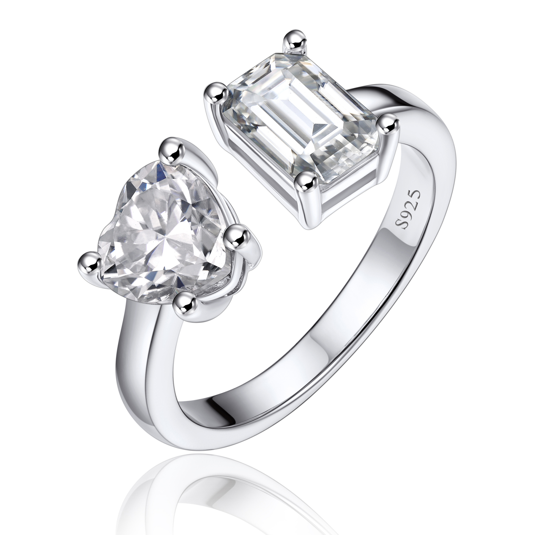 (测试) 925 Sterling Silver Adjustable Toi Et Moi Heart & Emerald Moissanite Engagement Ring (D Color VVS1)