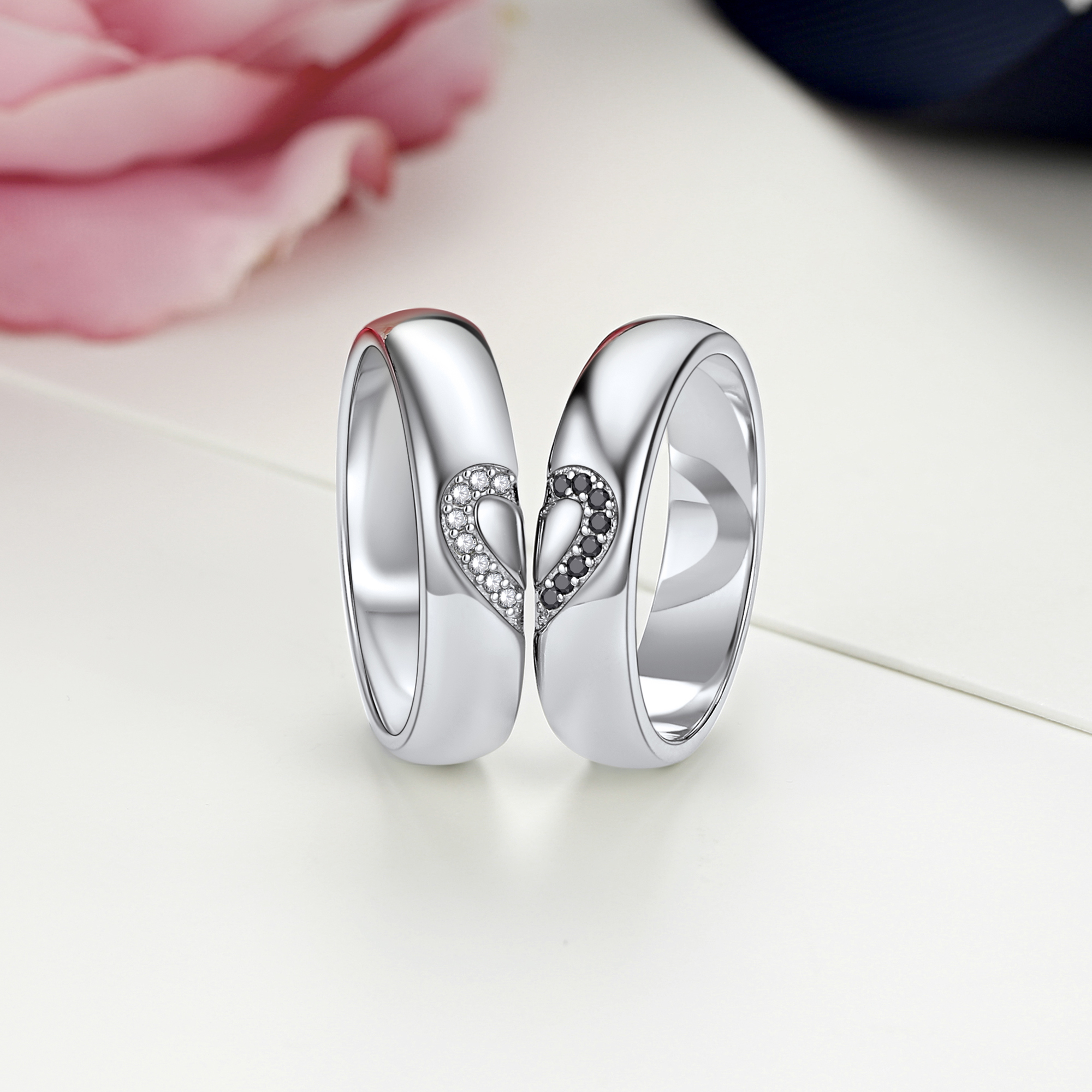 Moissanite His Her Heart Promise Rings in White Gold, Sterling Silver-01