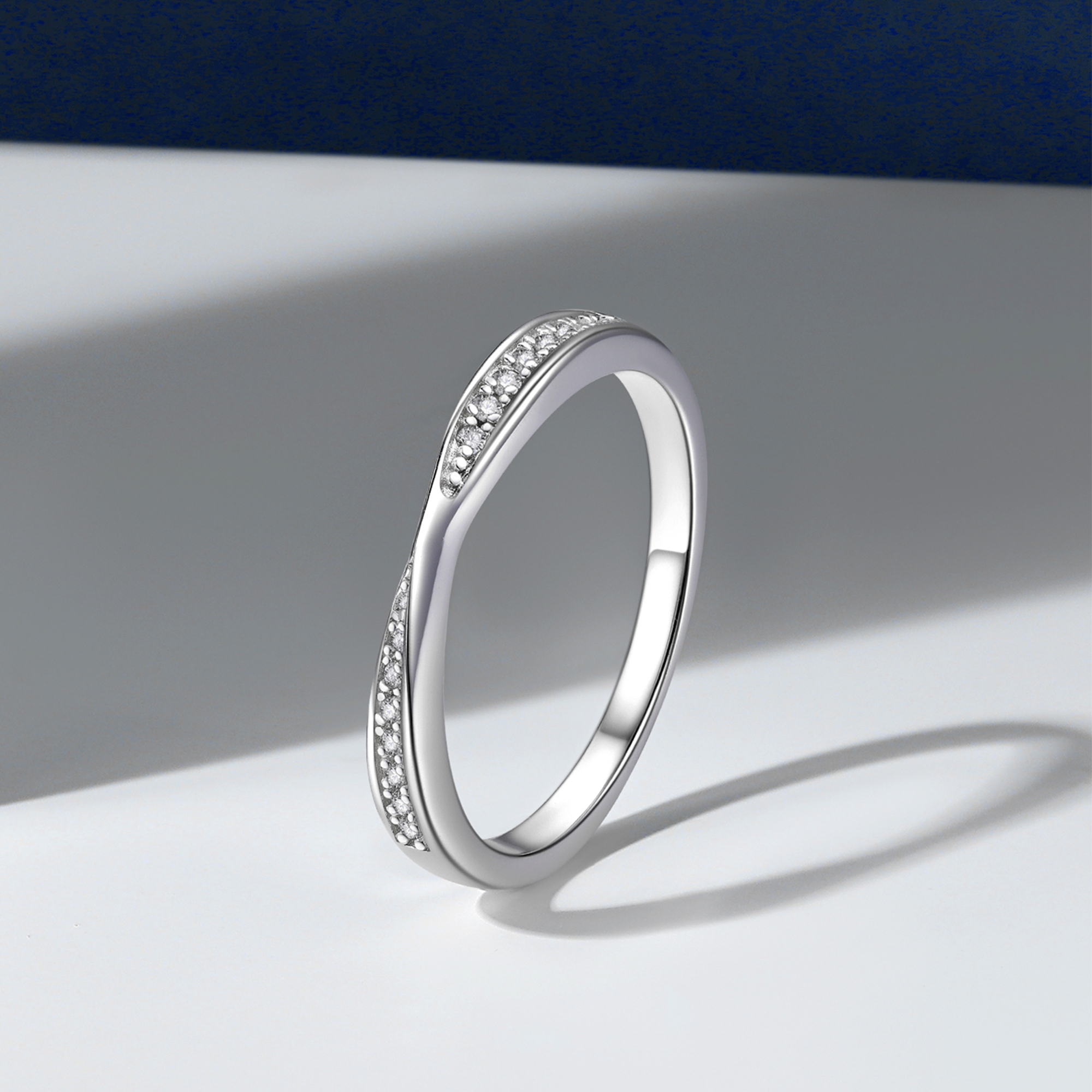 Moissanite Ribbon Eternity Wedding Ring in White Gold, Sterling Silver-01