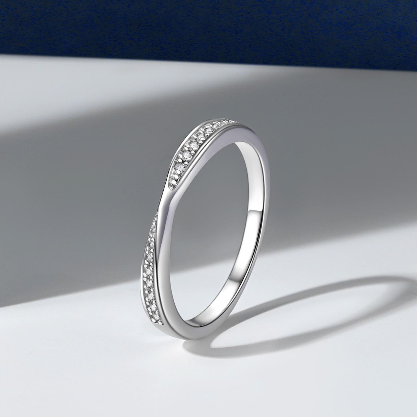 Moissanite Ribbon Eternity Wedding Ring in White Gold, Sterling Silver-01