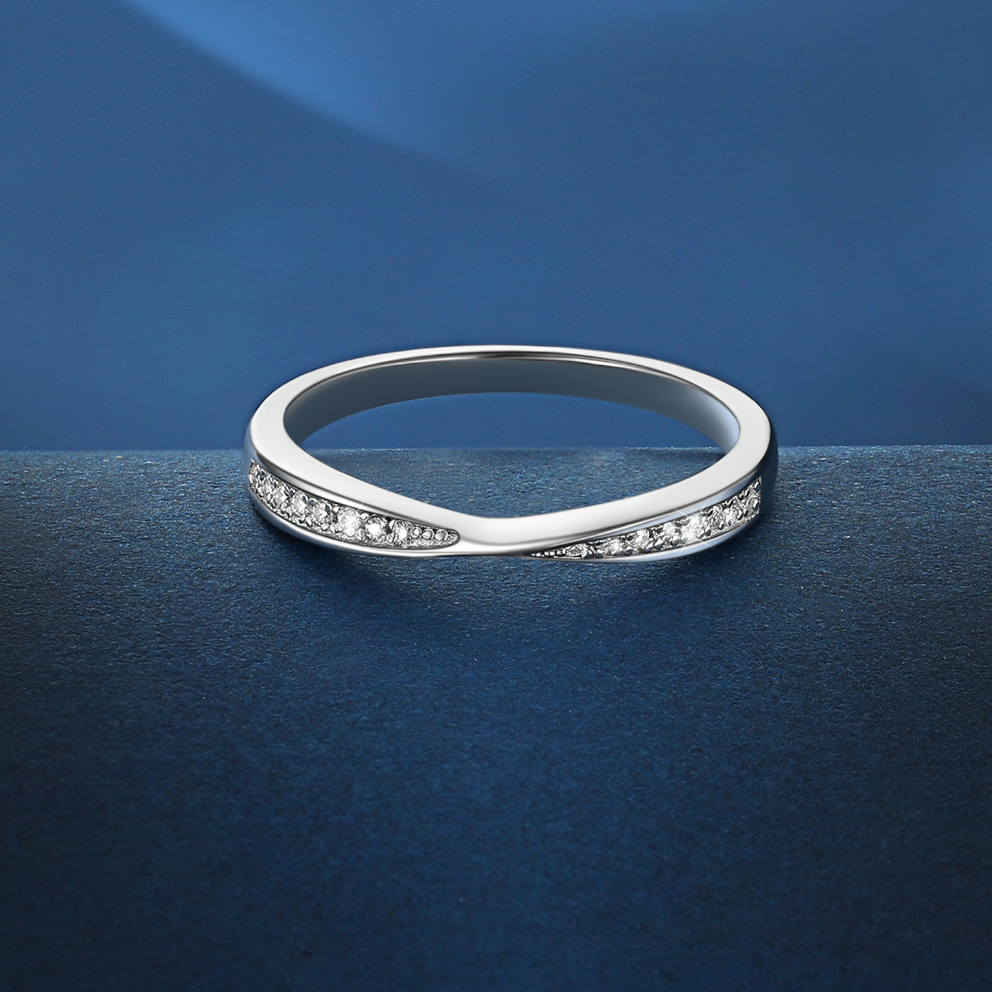 Moissanite Ribbon Eternity Wedding Ring in White Gold, Sterling Silver-02