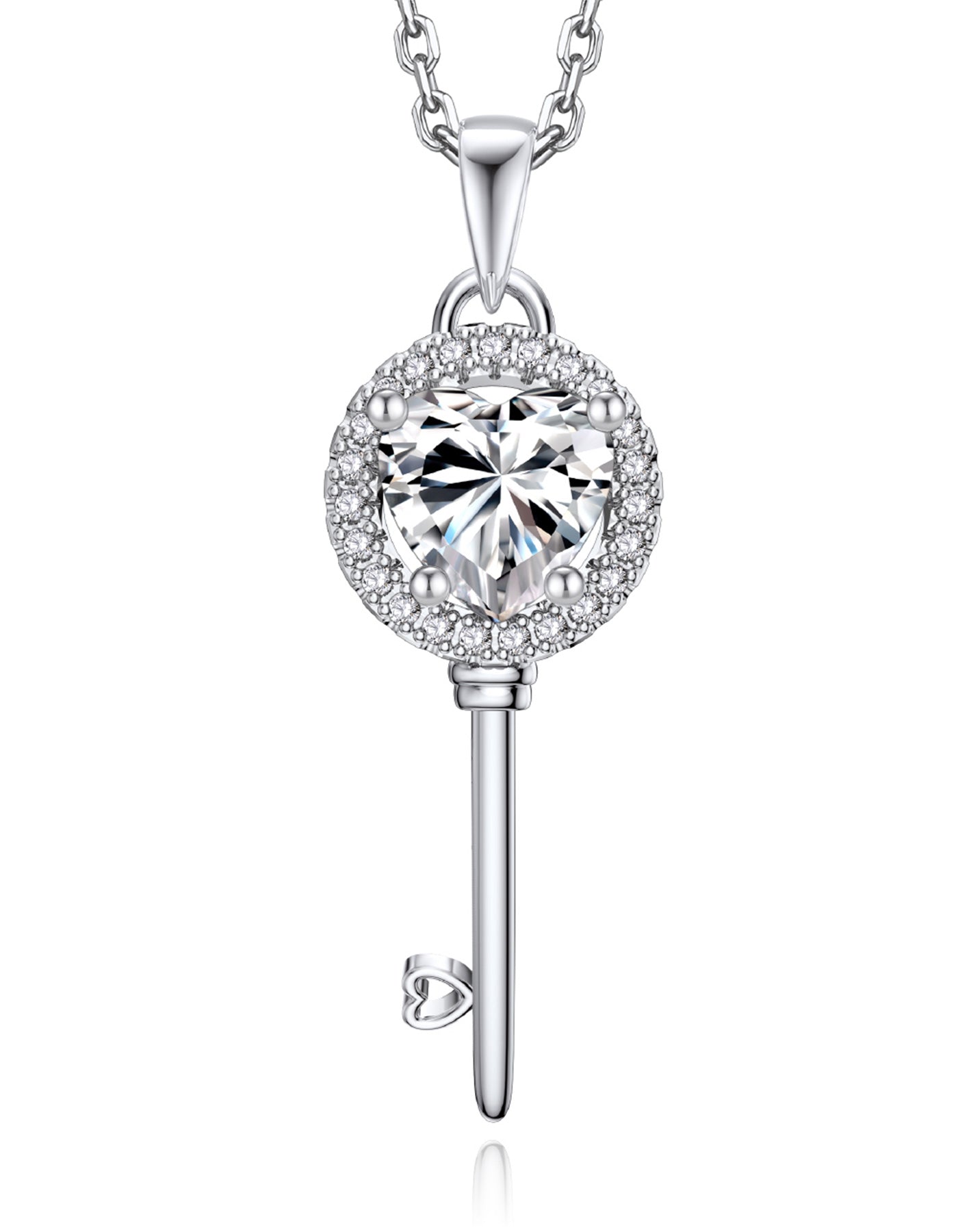 MomentWish Sterling Silver Mossanite Heart Key Pendant Necklace