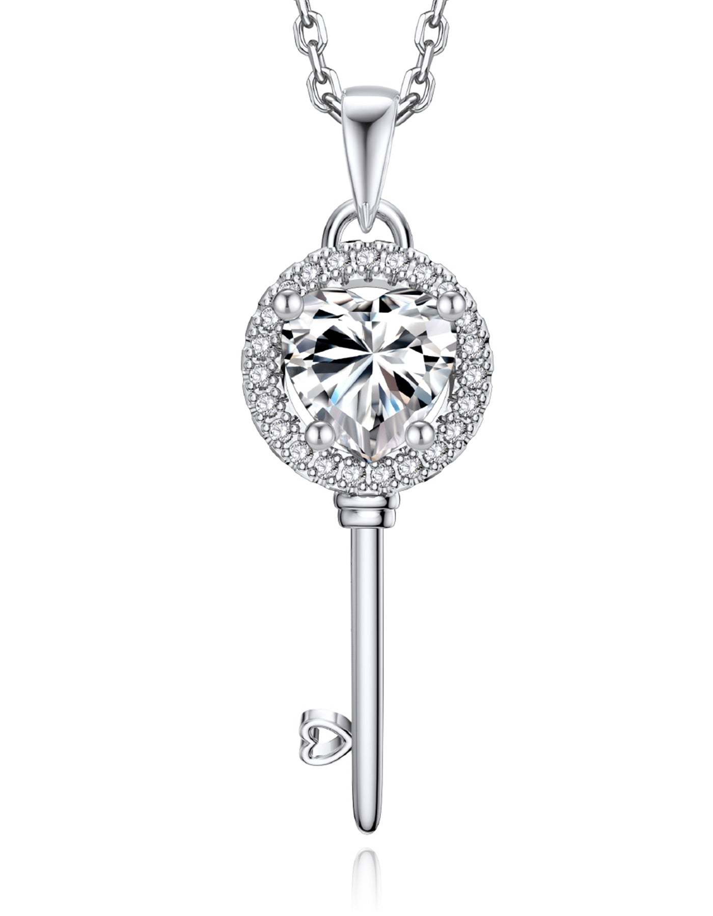 MomentWish Sterling Silver Mossanite Heart Key Pendant Necklace