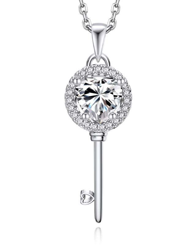 MomentWish Sterling Silver Mossanite Heart Key Pendant Necklace