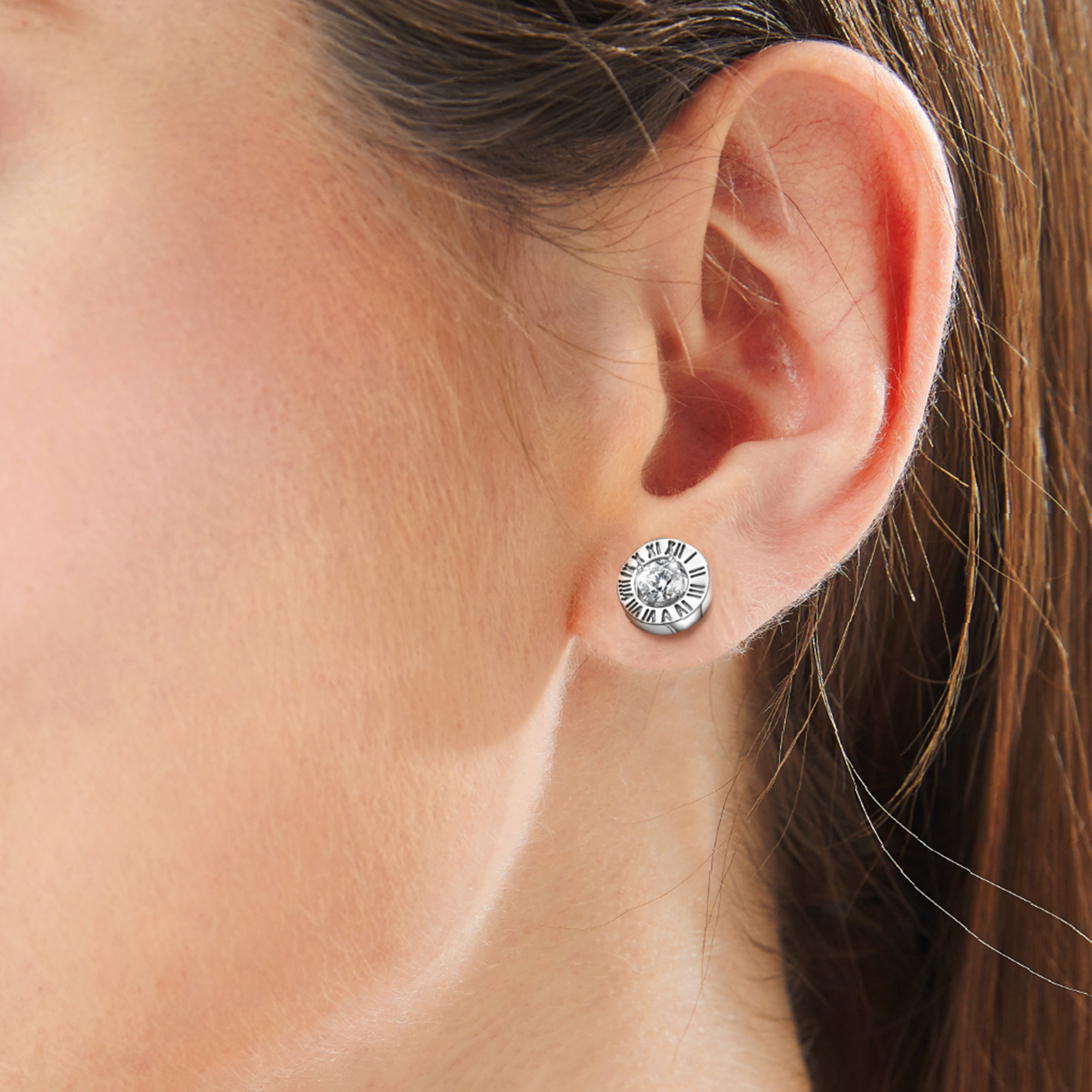 Roman Numerals Stud Moissanite Earrings in White Gold for Women-01