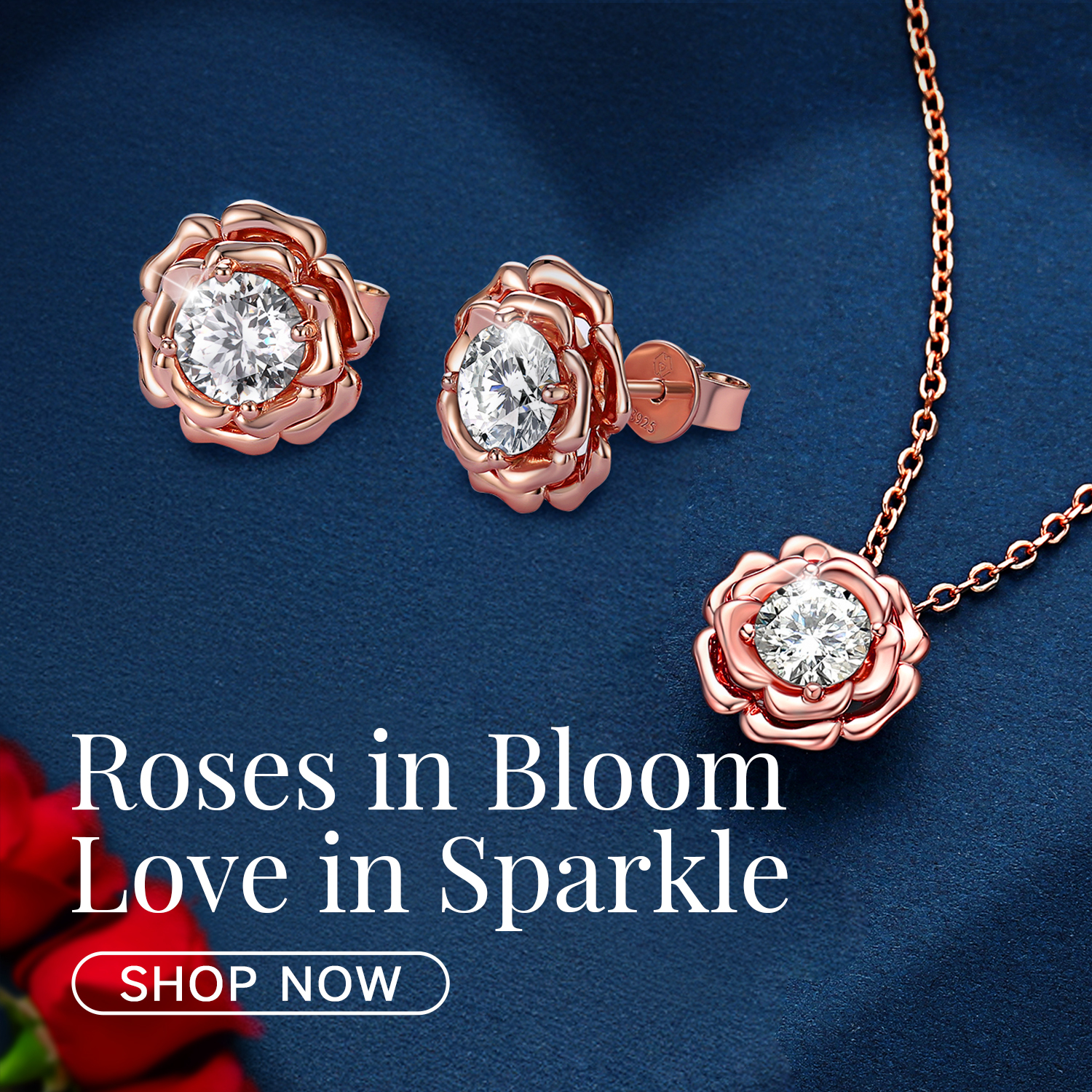 Rose Flower Moissanite Jewery Set in Rose Gold