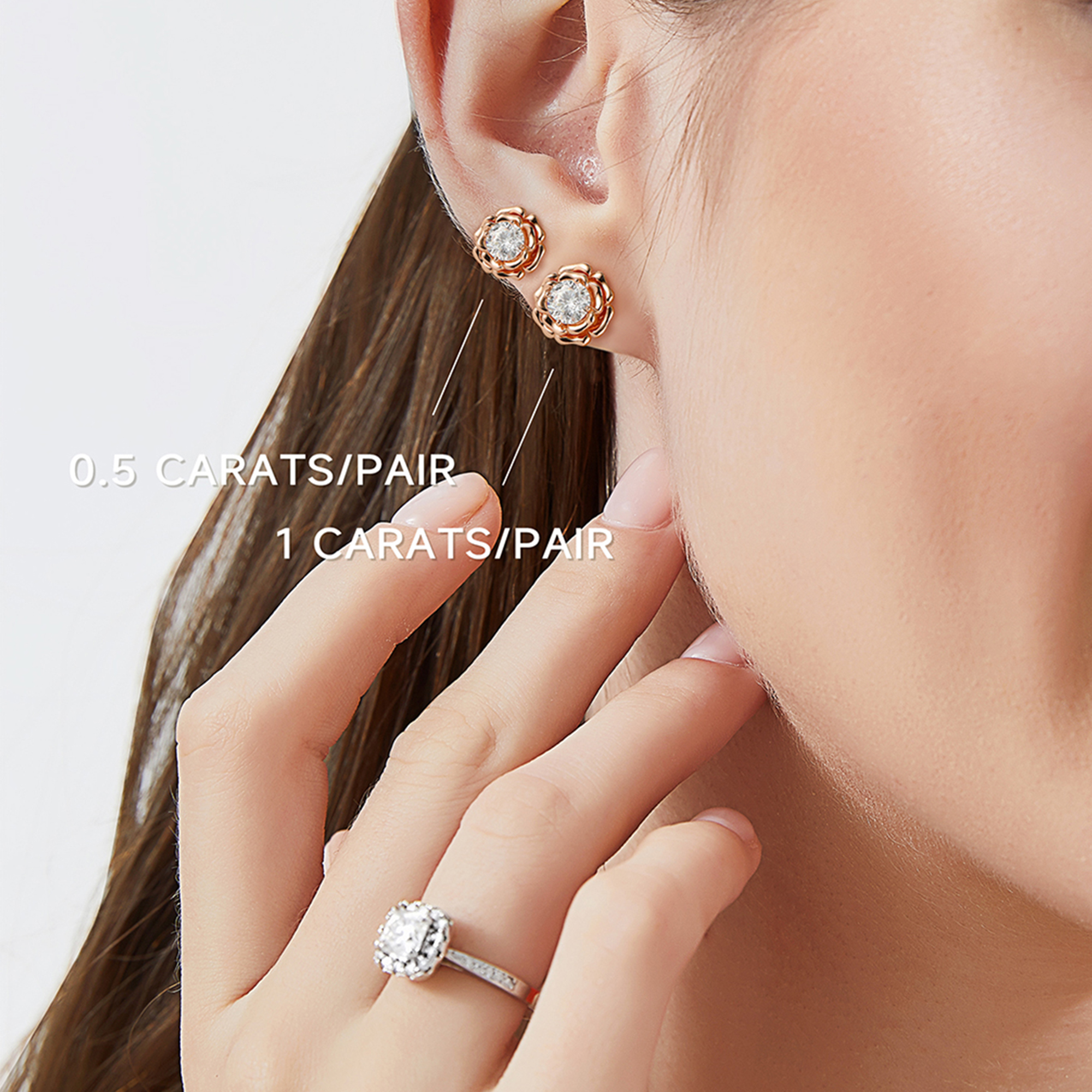 Rose Flower Moissanite Stud Earrings in Rose Gold in Multiple Carat Sizes