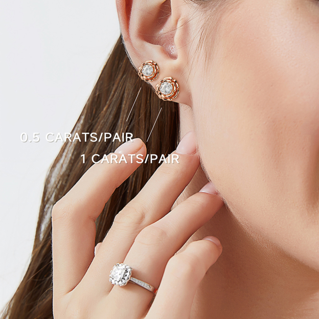 Rose Flower Moissanite Stud Earrings in Rose Gold in Multiple Carat Sizes