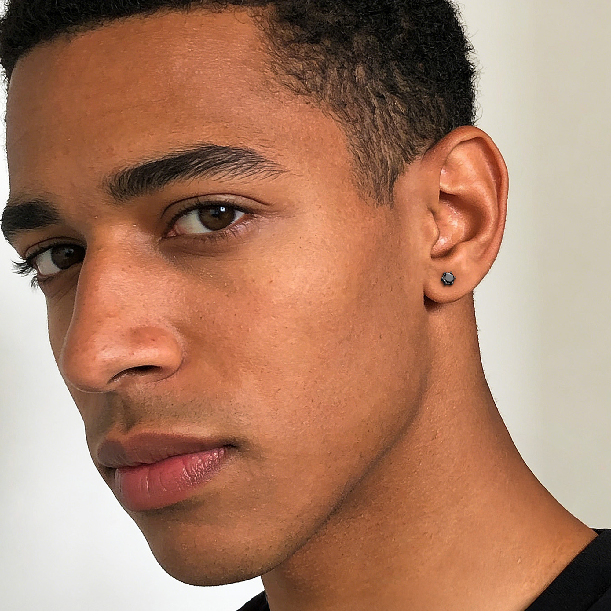 Six Prong Round Black Moissanite Stud Earrings in Black Plated for Men-01