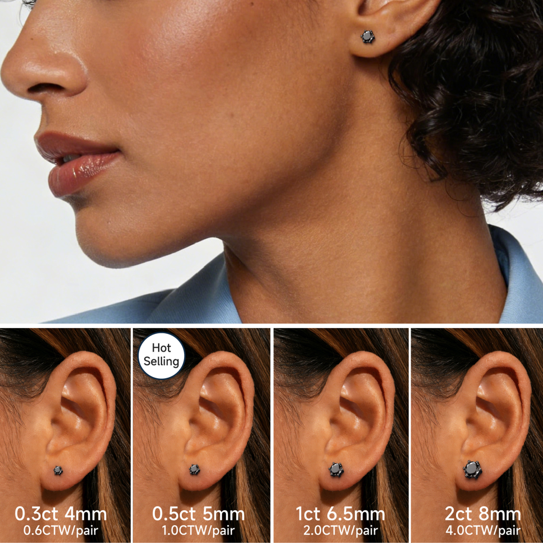 Six Prong Round Black Moissanite Stud Earrings in Black Plated in Multiple Carat Sizes