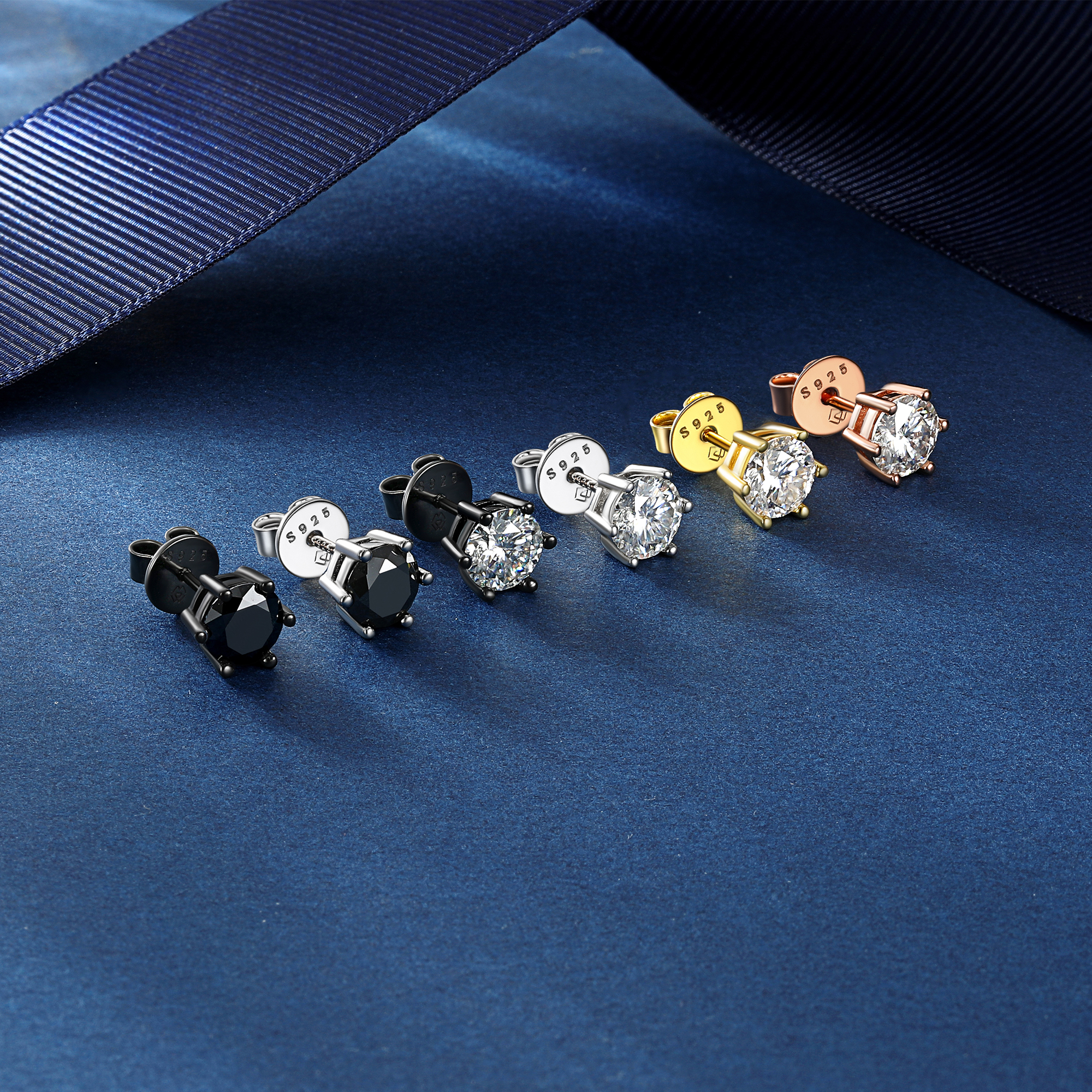 Black Moissanite Six-Prong Round Cut Stud Earrings for Men Women