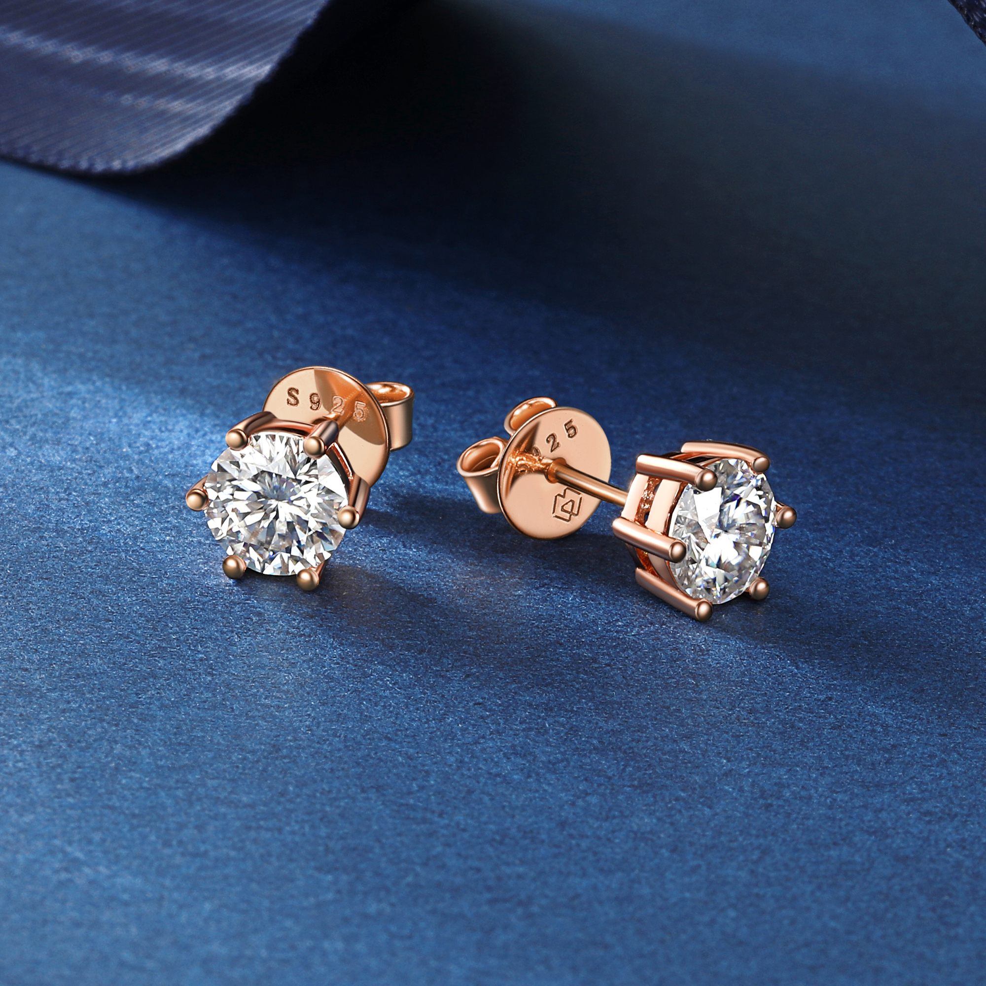 Six Prong Round Moissanite Stud Earrings in Rose Gold, Sterling Silver