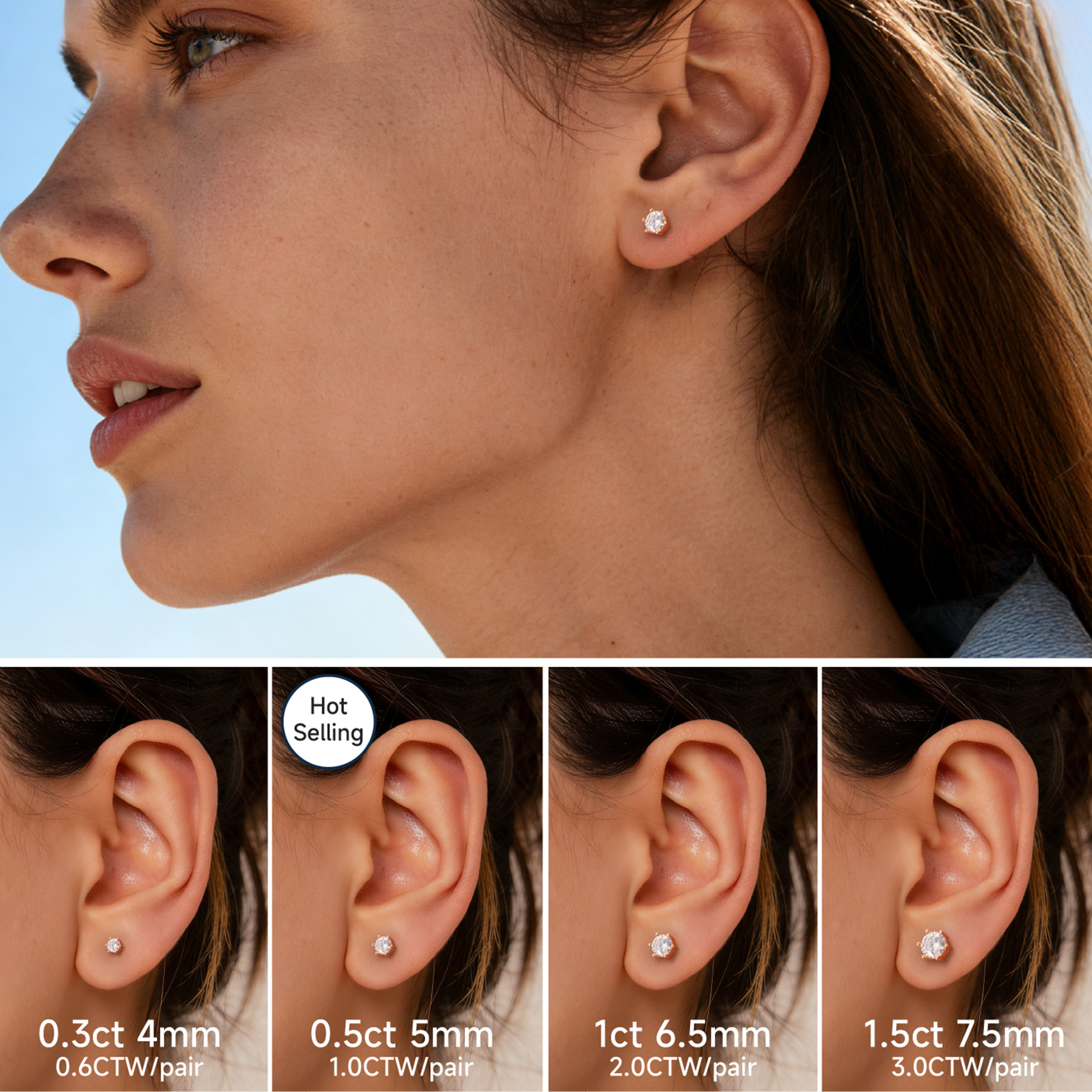 Six Prong Round Moissanite Stud Earrings in Rose Gold in Multiple Carat Sizes