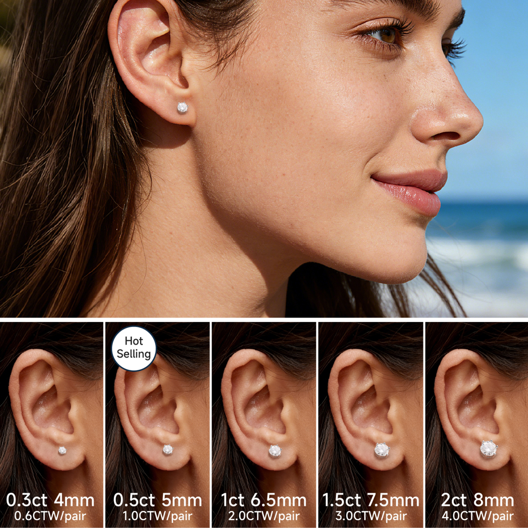 Six Prong Round Moissanite Stud Earrings in White Gold in Multiple Carat Sizes