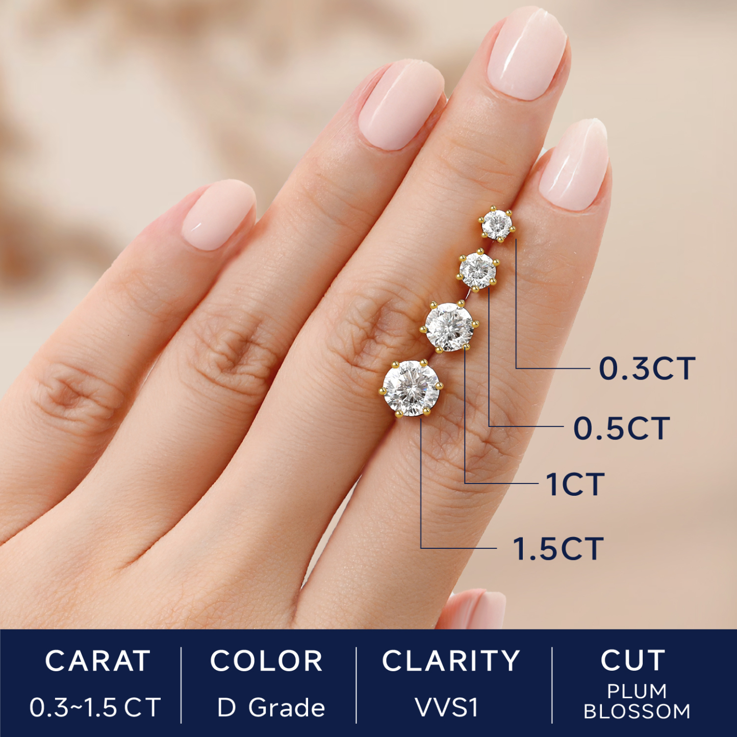 Six Prong Round Moissanite Stud Earrings in Yellow Gold in Different Carats