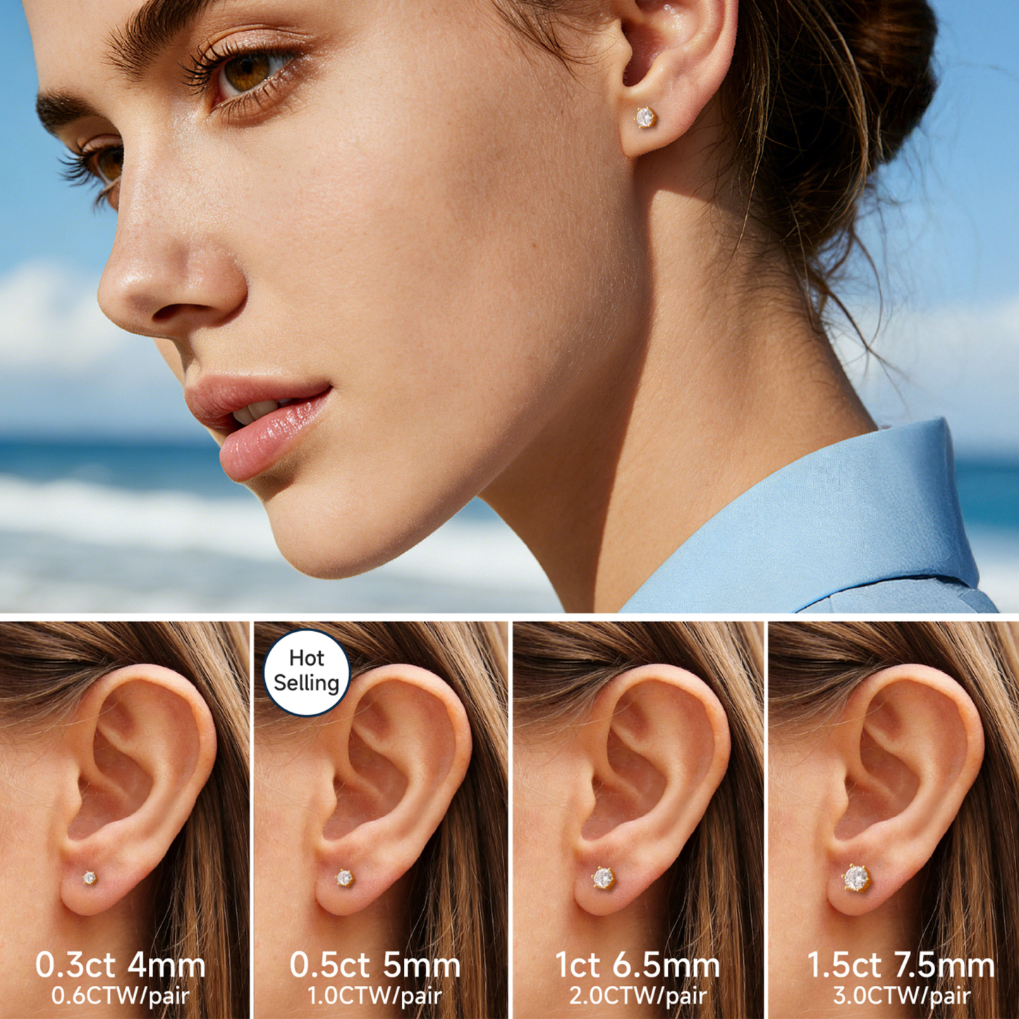 Six Prong Round Moissanite Stud Earrings in Yellow Gold in Multiple Carat Sizes