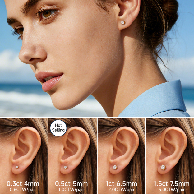 Six Prong Round Moissanite Stud Earrings in Yellow Gold in Multiple Carat Sizes