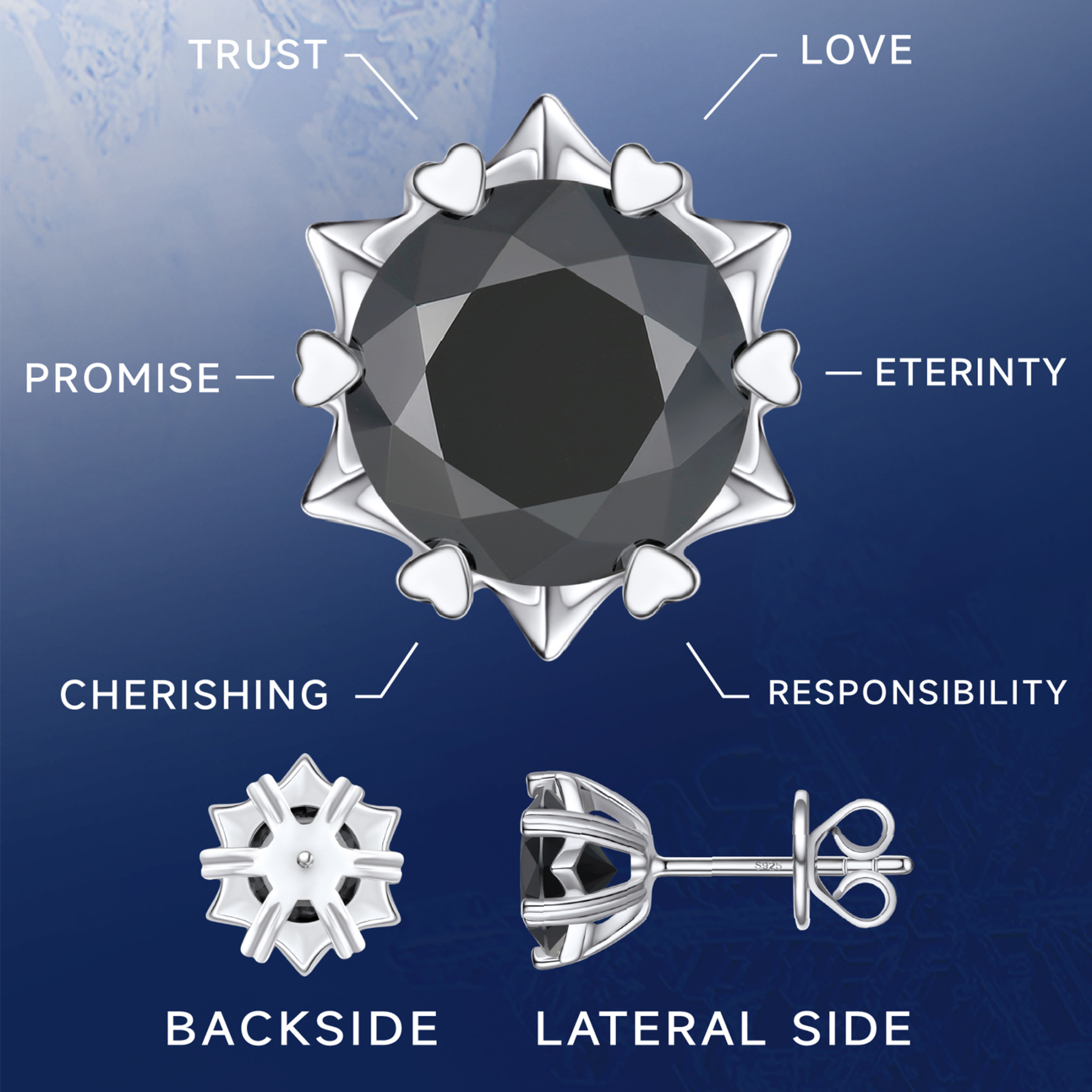 Snowflake Black Moissanite Stud Earrings in White Gold Details - Snowflake Design