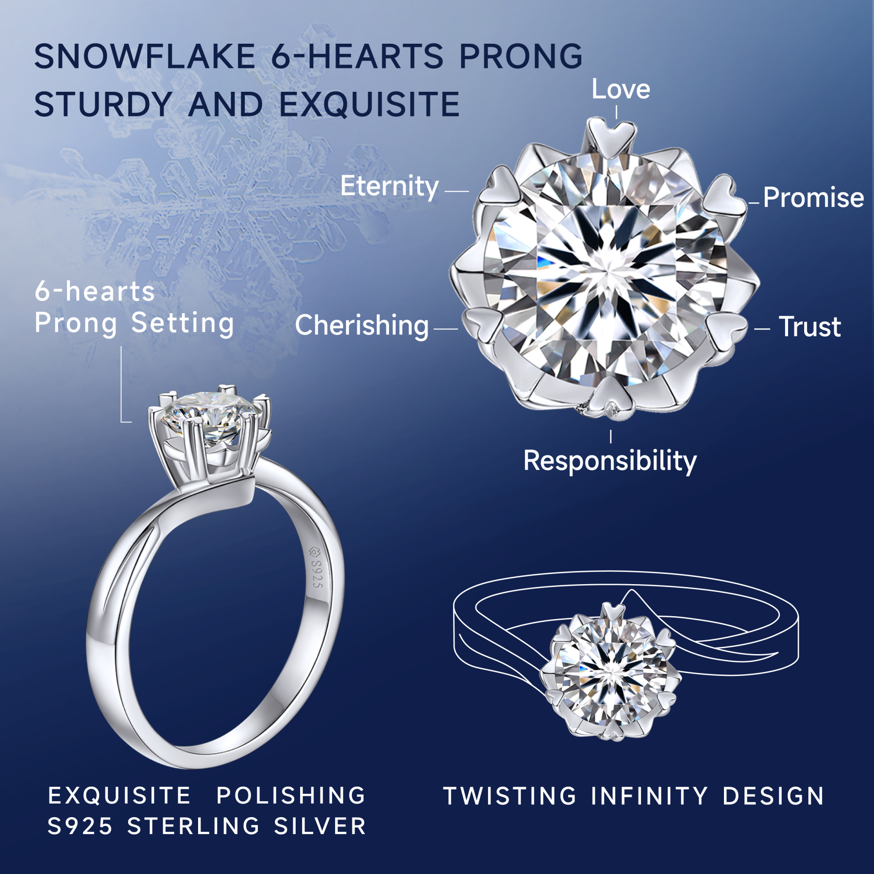 Solitaire Moissanite Snowflake Engagement Ring Details - Snowflake Design