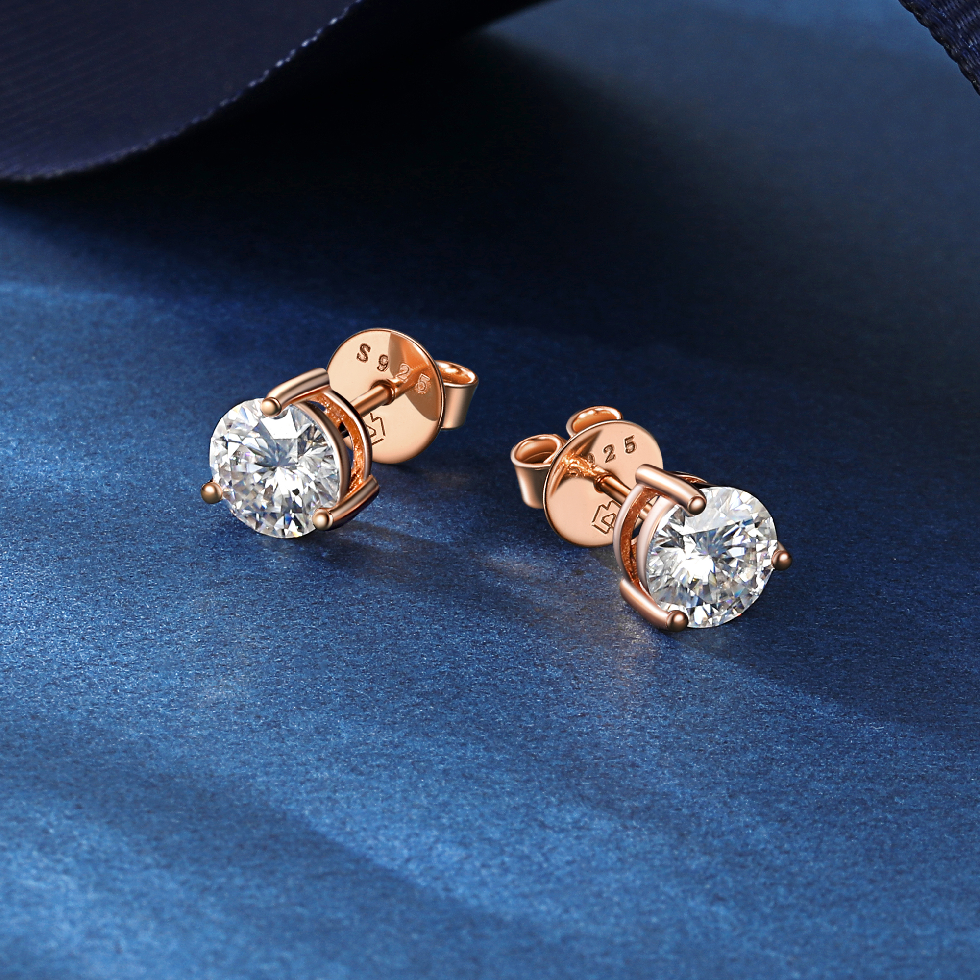Three-Prong Round Moissanite Stud Earrings in Rose Gold, Sterling Silver