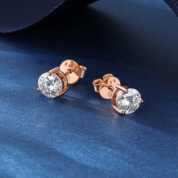 Three-Prong Round Moissanite Stud Earrings in Rose Gold, Sterling Silver